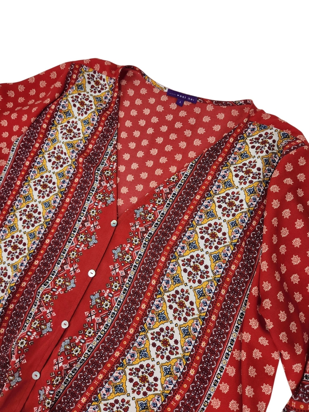 West Kei Women’s L Red Boho Mixed Print Tie Front Blouse 3/4 Sleeve Flowy Fall - Picture 5 of 12